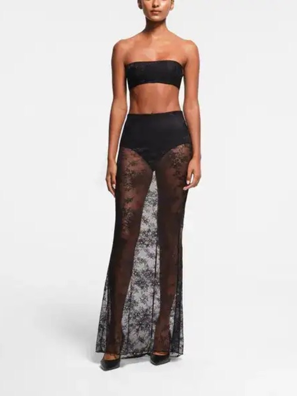 SKIMS Black Sheer Lace Maxi Skirt Cover-Up